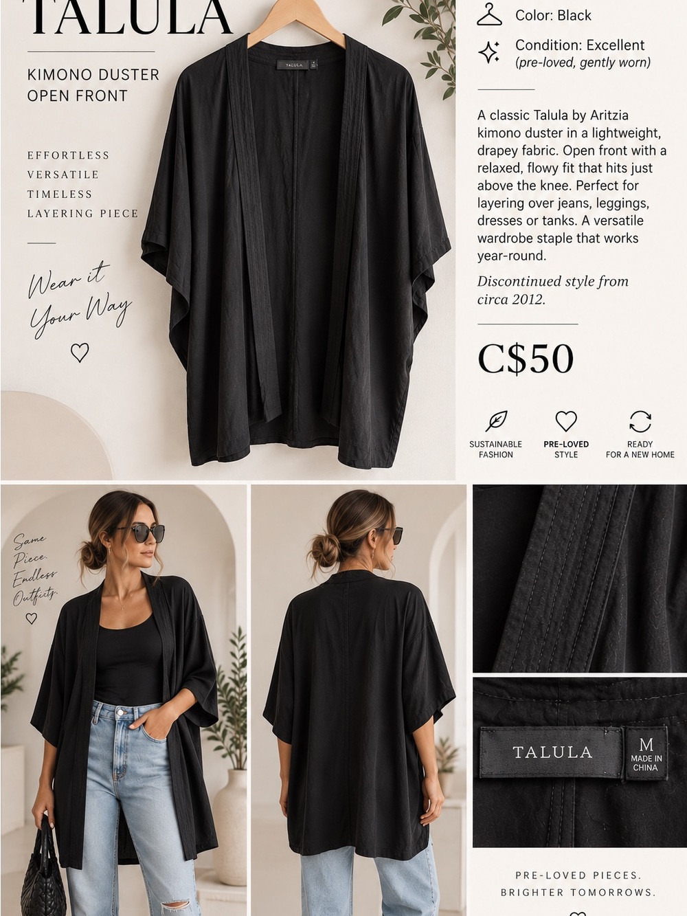 Aritzia Talula Black Kimono Duster Coverup
